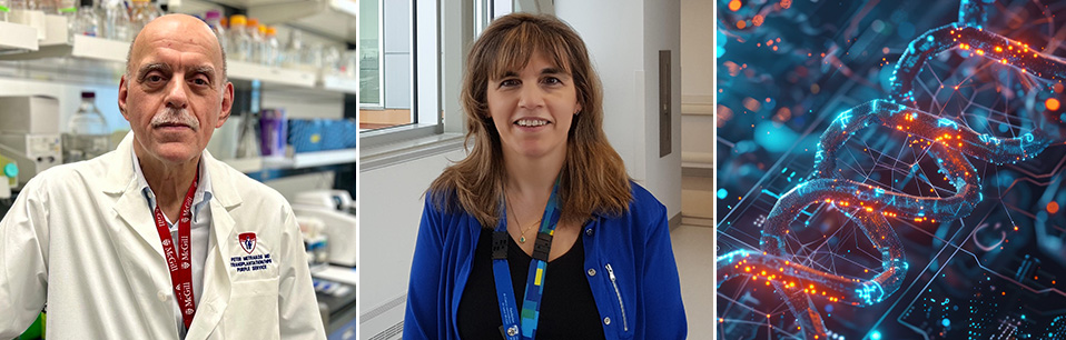 Dr. Peter Metrakos (left) and scientist Anthoula Lazaris, PhD (centre), work in the Cancer Research Program at the RI MUHC (Photo credits: MUHC, ISBER)